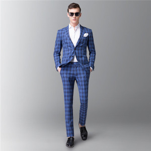 Blue Plaid Mens Designer Fashion Clothing Suits